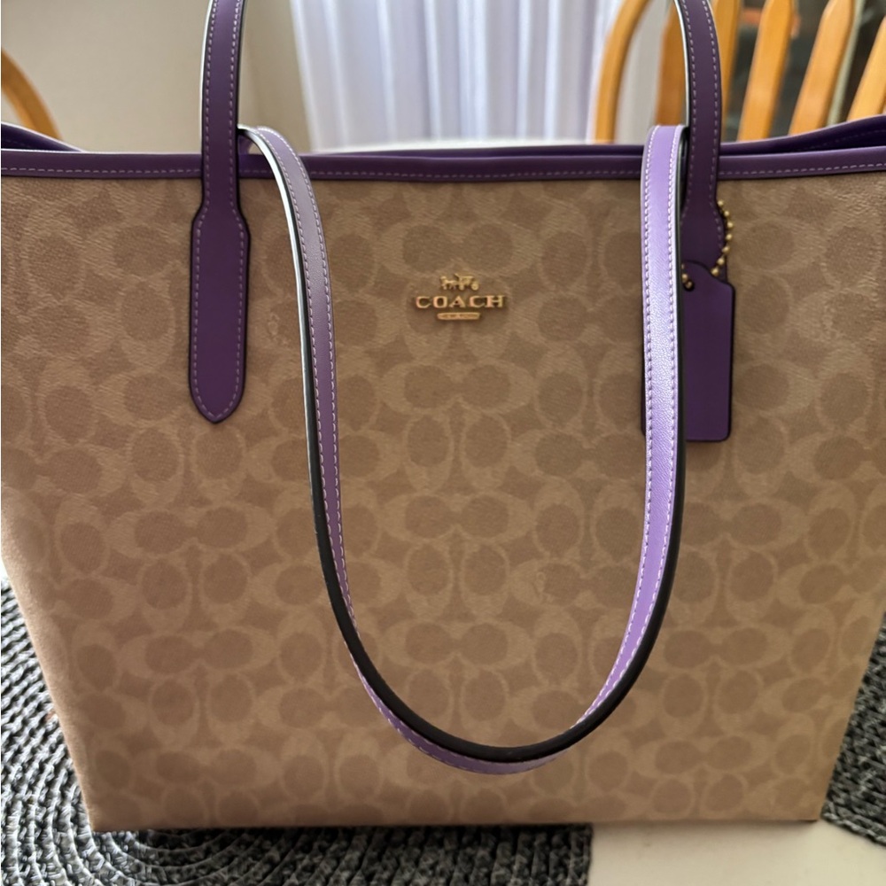 Coach Tan and Purple Signature Tote Bag